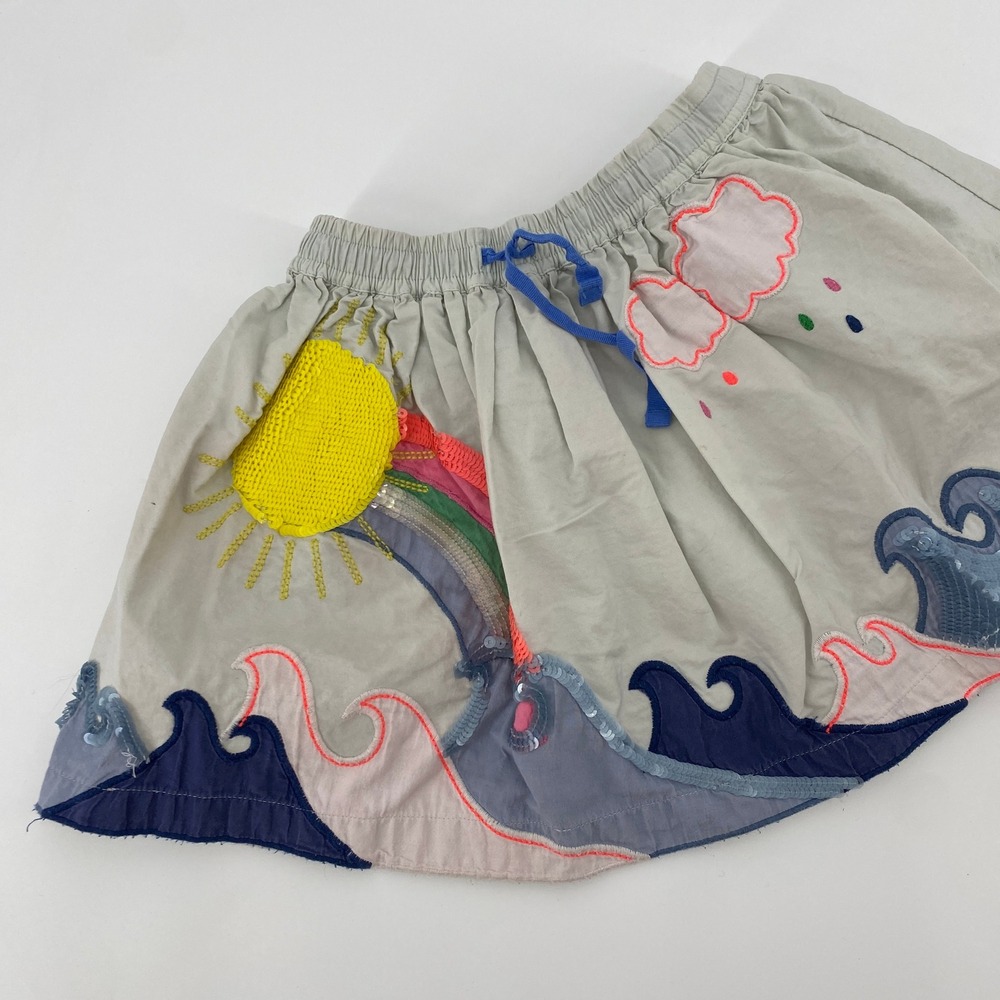 Mini Boden Skirt Kids 3-4Y Gray Nautical Sun Rainbow Waves Sequin Applique